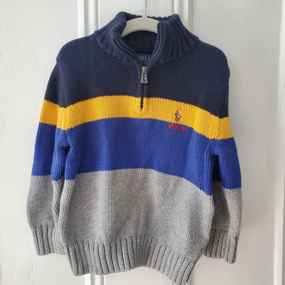 EUC Ralph Lauren Toddler Boy Striped Cotton Quarter-Zip Sweater